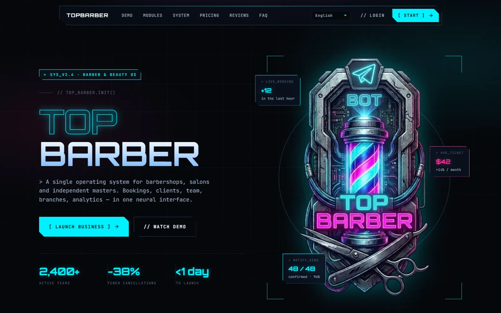 Главная страница TopBarber — система записи для барбершопов